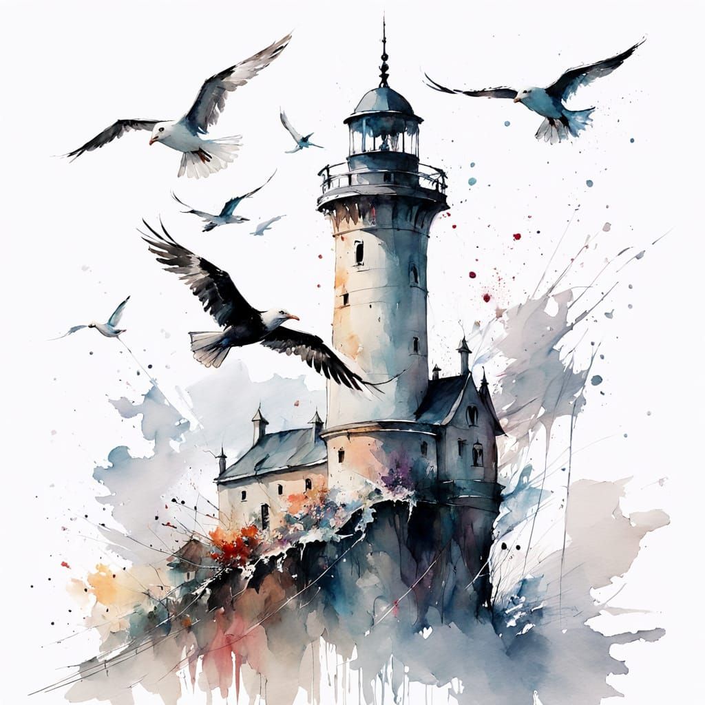 Maiden's Tower Rises from Morning Fog in Monochrome Ink Wash