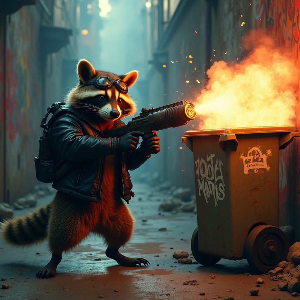 Raccoon in High-Octane Cityscape with Shoulder Fired Rocket ...