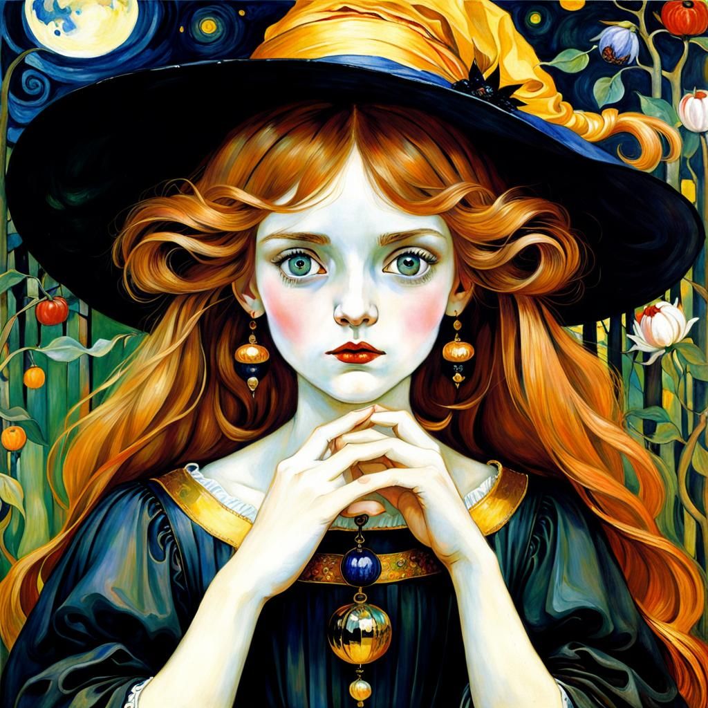 Pretty Witch in Klimt-Inspired Art Style