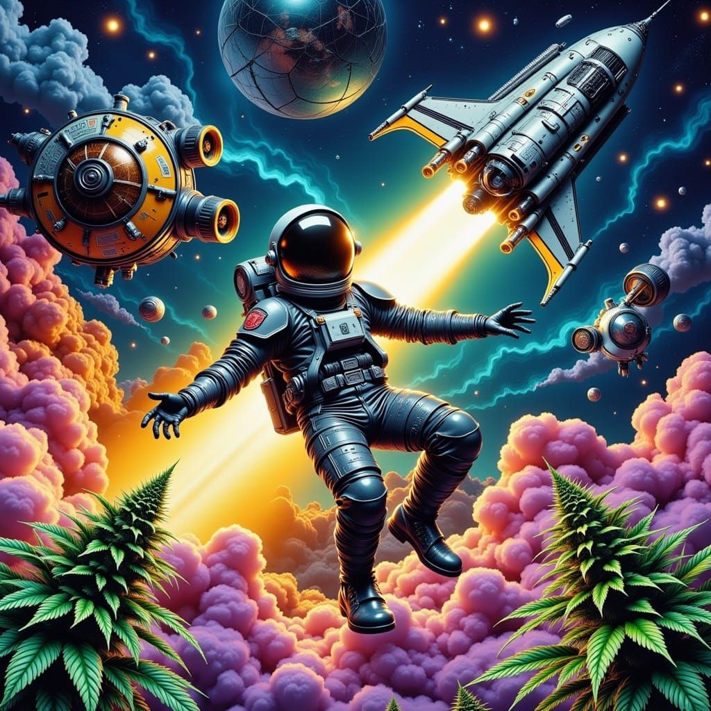 Astronaut in Space with Cannabis, Comic Book Art