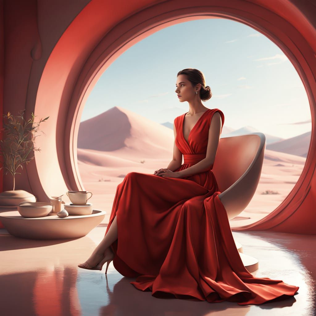 Woman in Red Dress in Retro-Futuristic Room with Desert View