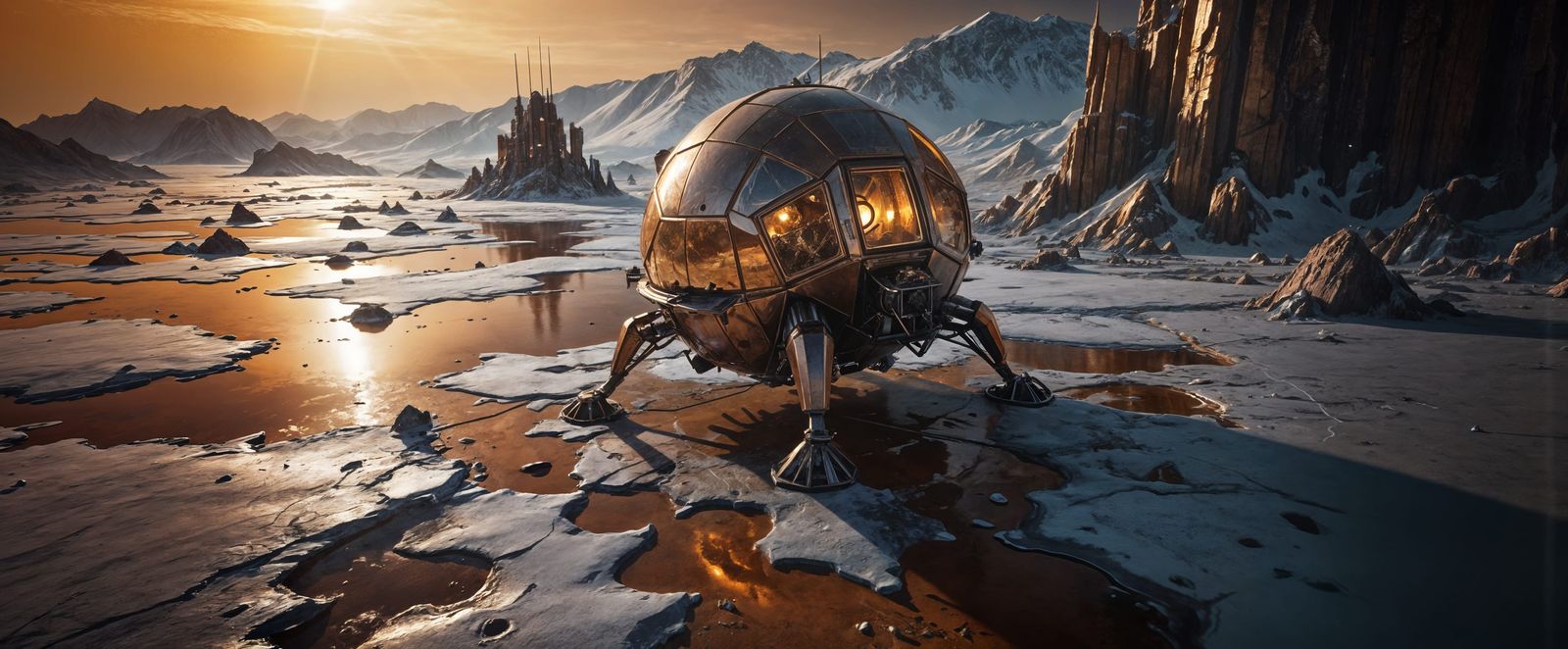 Steampunk Lunar Lander on Europa in Oil Painting Style