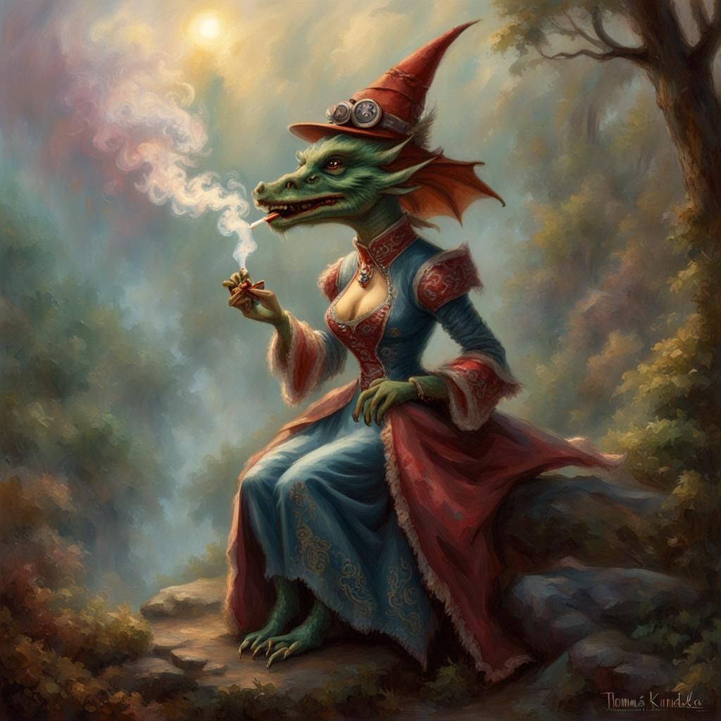 Dragonkin Kobold in Gown, Smoking: Ethereal Fantasy Art
