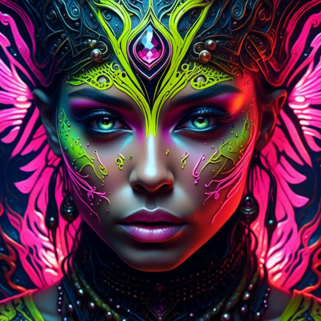 Neon Gothic Woman Portrait with Tribal Tattoos