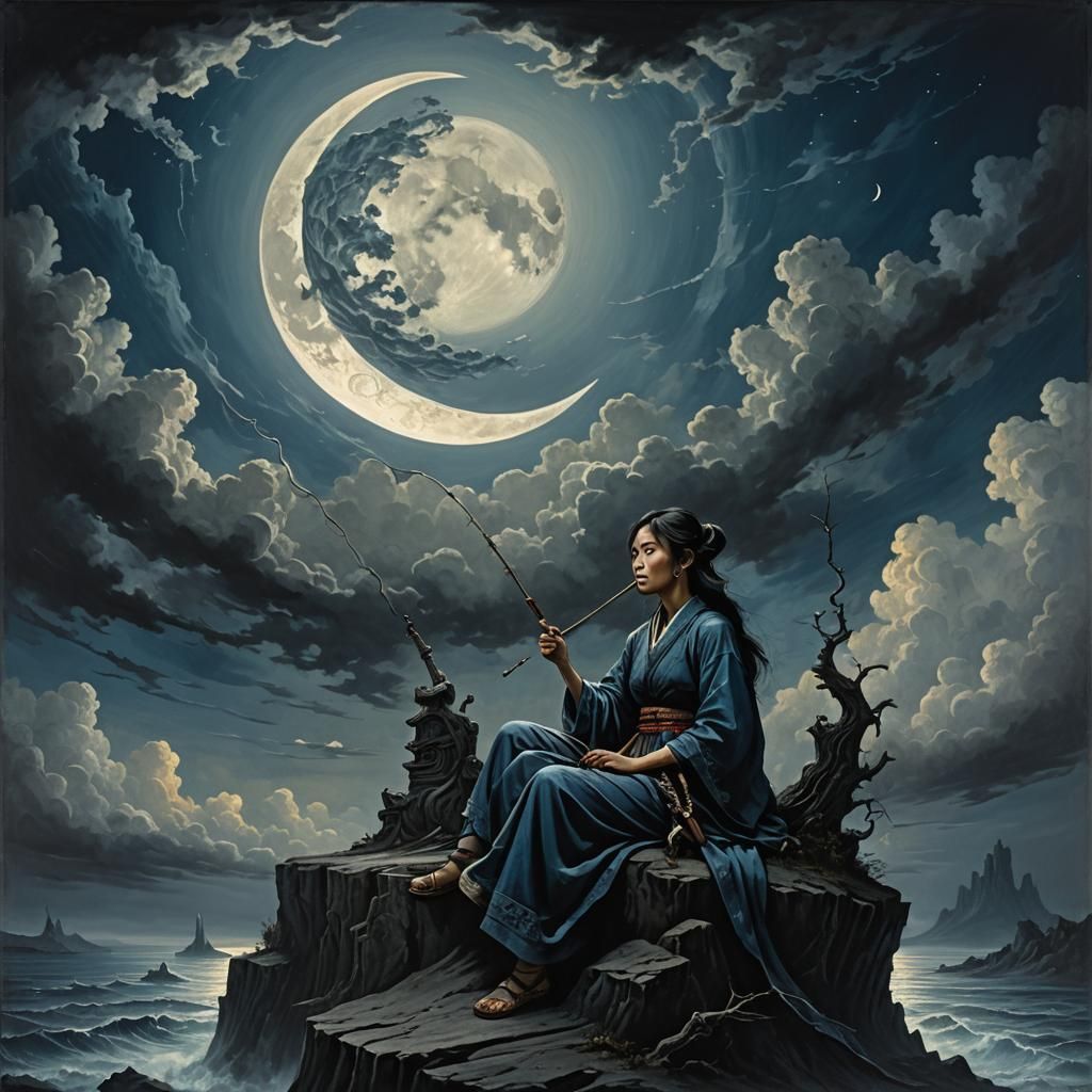 Asian Woman Fishing from Crescent Moon: Dark Fantasy