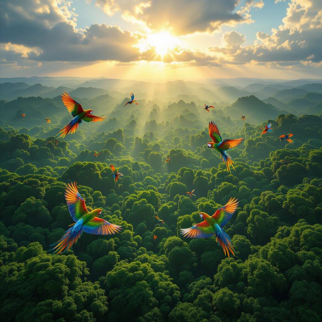 Jungle Canopy Aerial View with Soaring Parrots