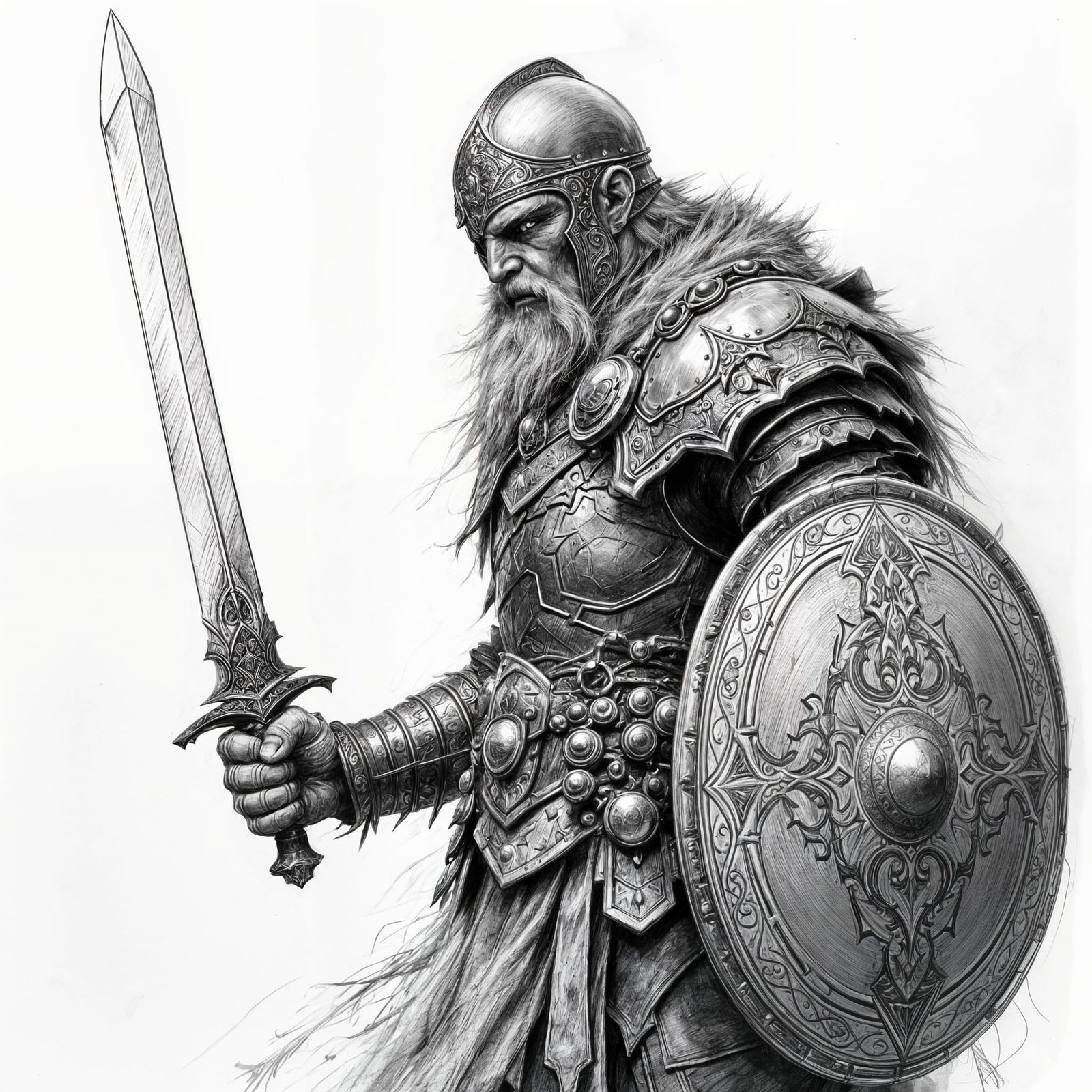 D&D Human Warrior in Armor, Pen-and-Ink Style