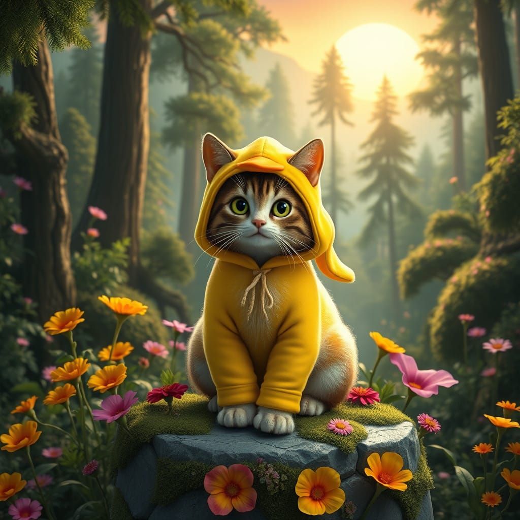 Whimsical Cat in Bright Yellow Duck Onesie Poses Amidst Fant...