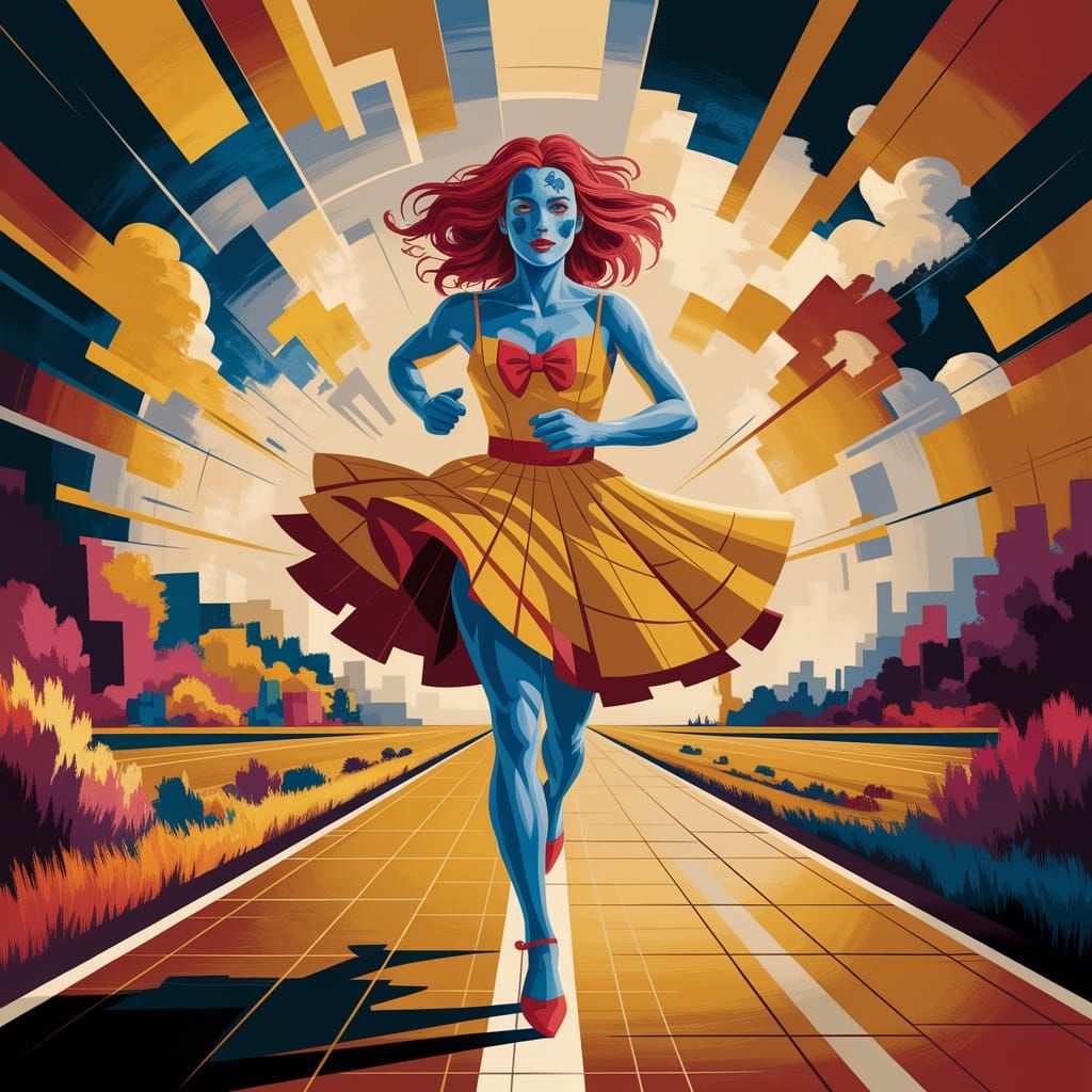 Woman Running on Golden Road in Cubist Style