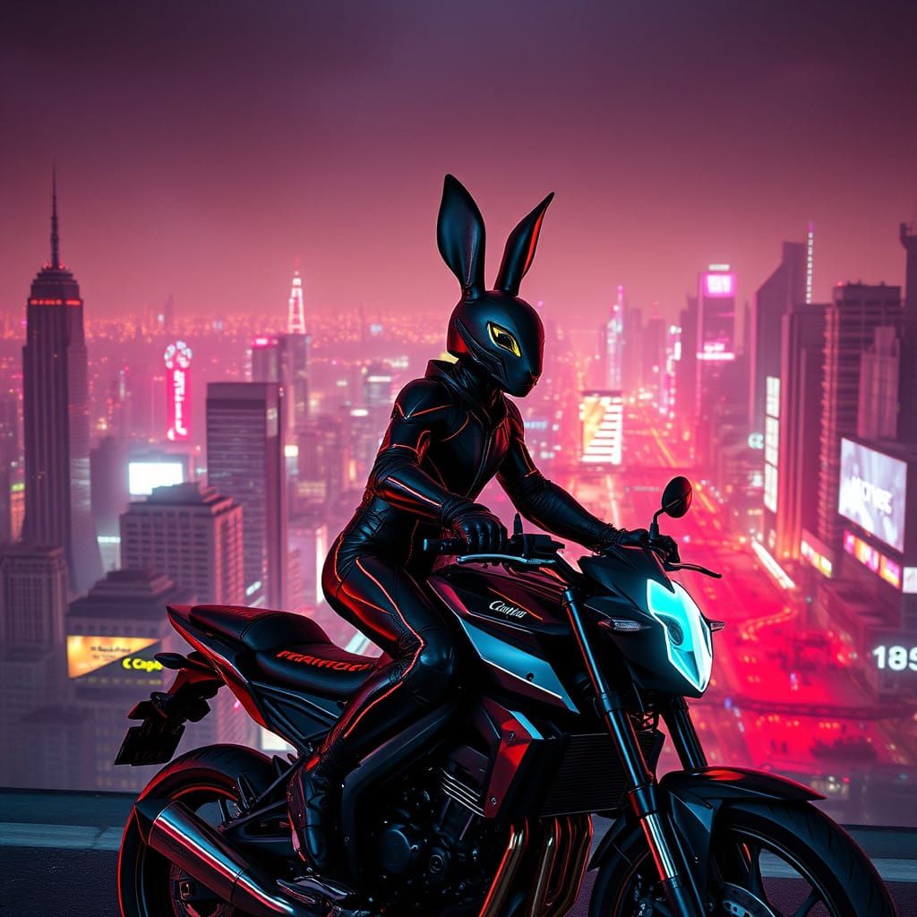 Cyberpunk Motorcycle Rabbit in Dystopian Cityscape