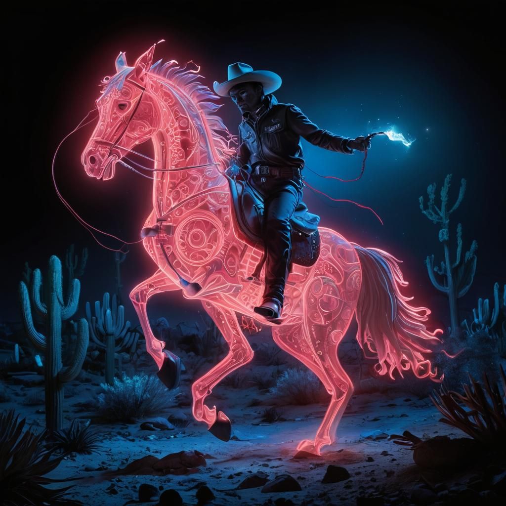 Surreal Cowboy in Desert Canyon Folk Art Illustration