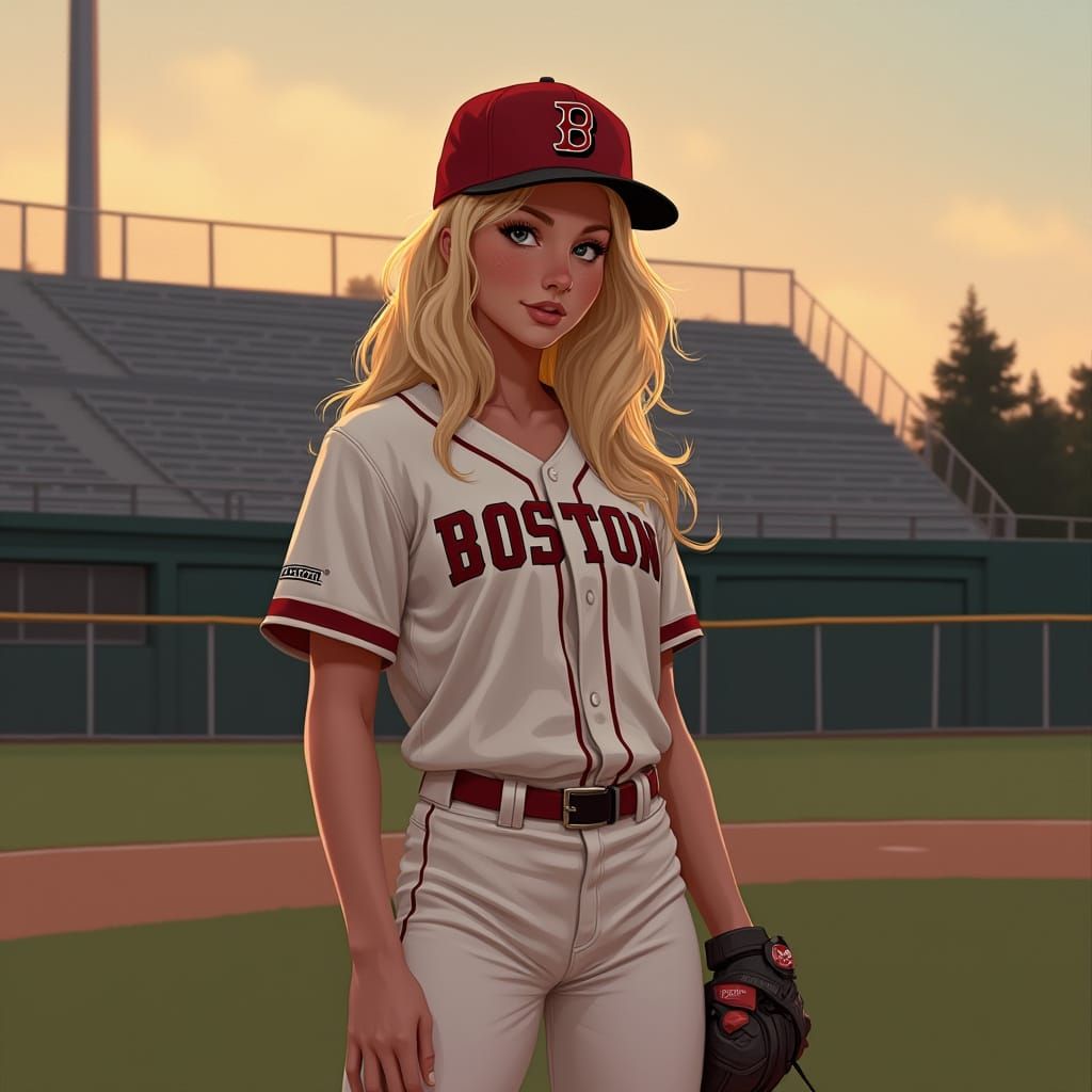 Hyper-Realistic Woman in Baseball Uniform at Dusk