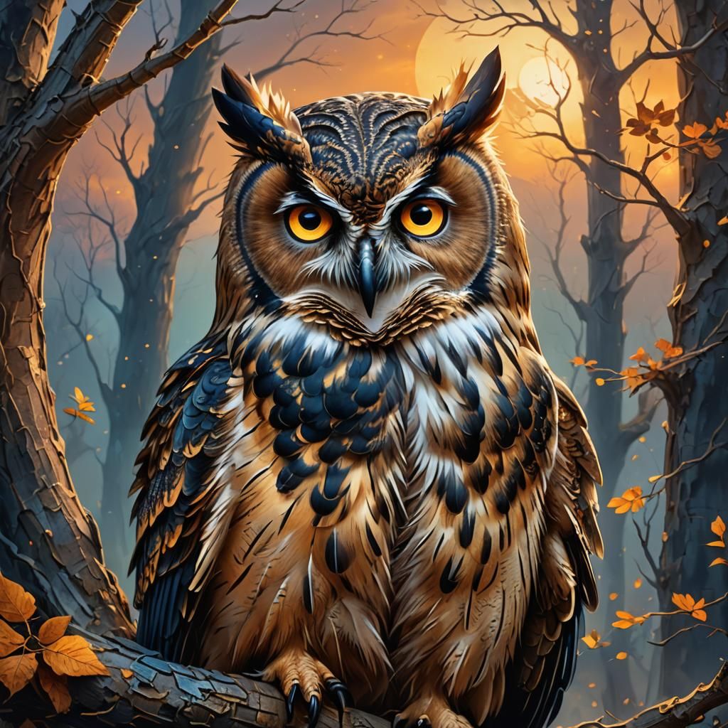Owl with Amber Eyes at Sunset: Fantasy Art