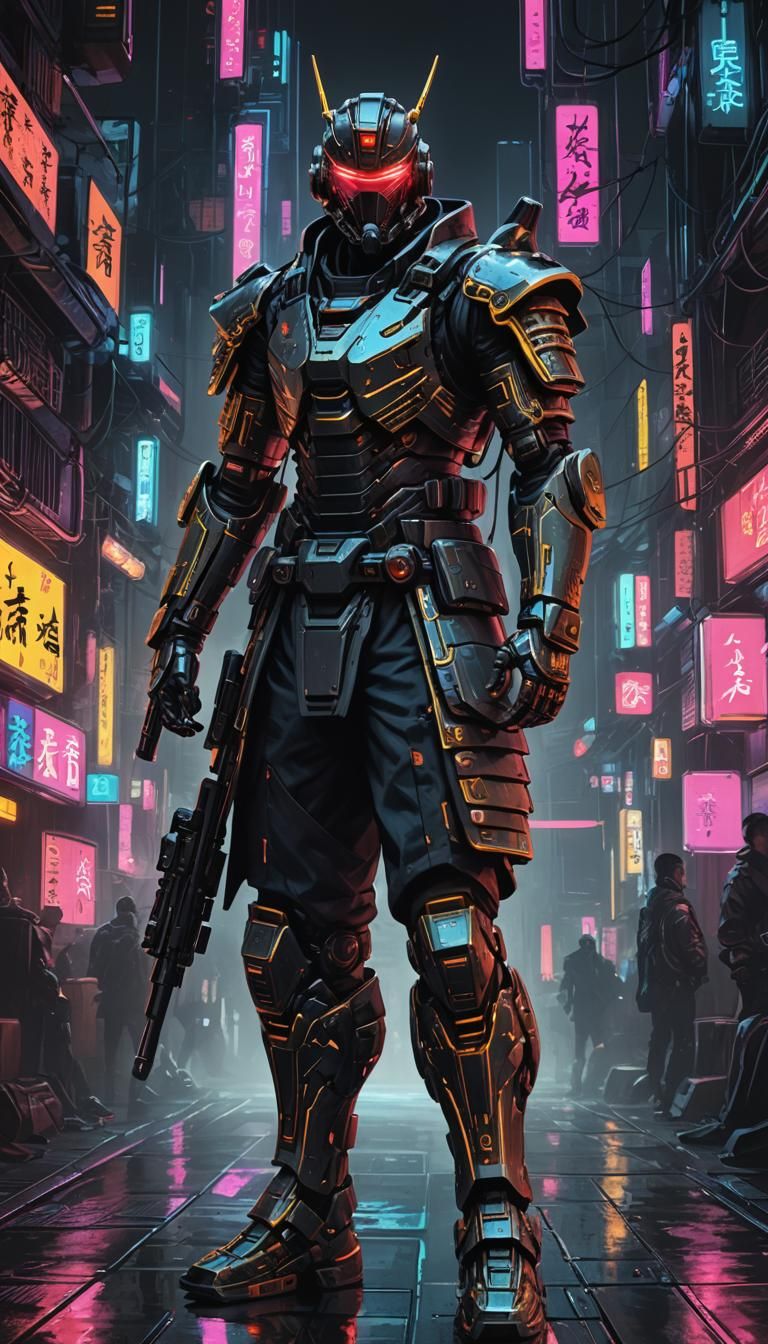 Futuristic Shogun in Cyberpunk Neon Oil Painting