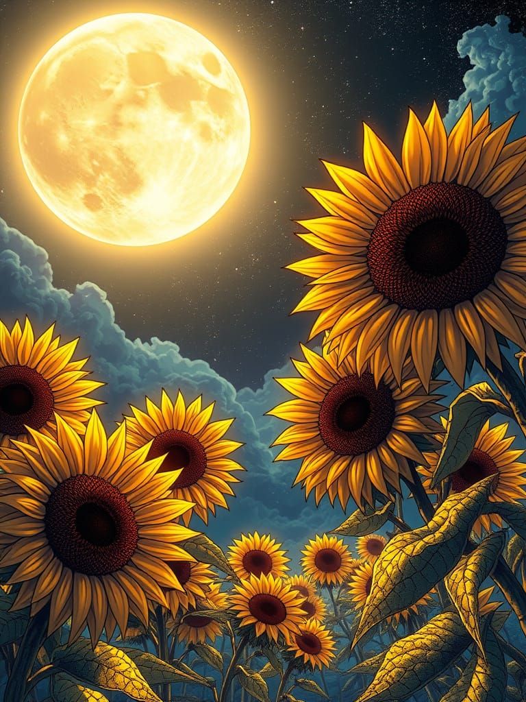 Psychedelic Sunflowers Beneath a Fractured Moon