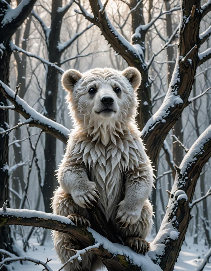 Enchanted Albino Bear Cub in Snow Forest