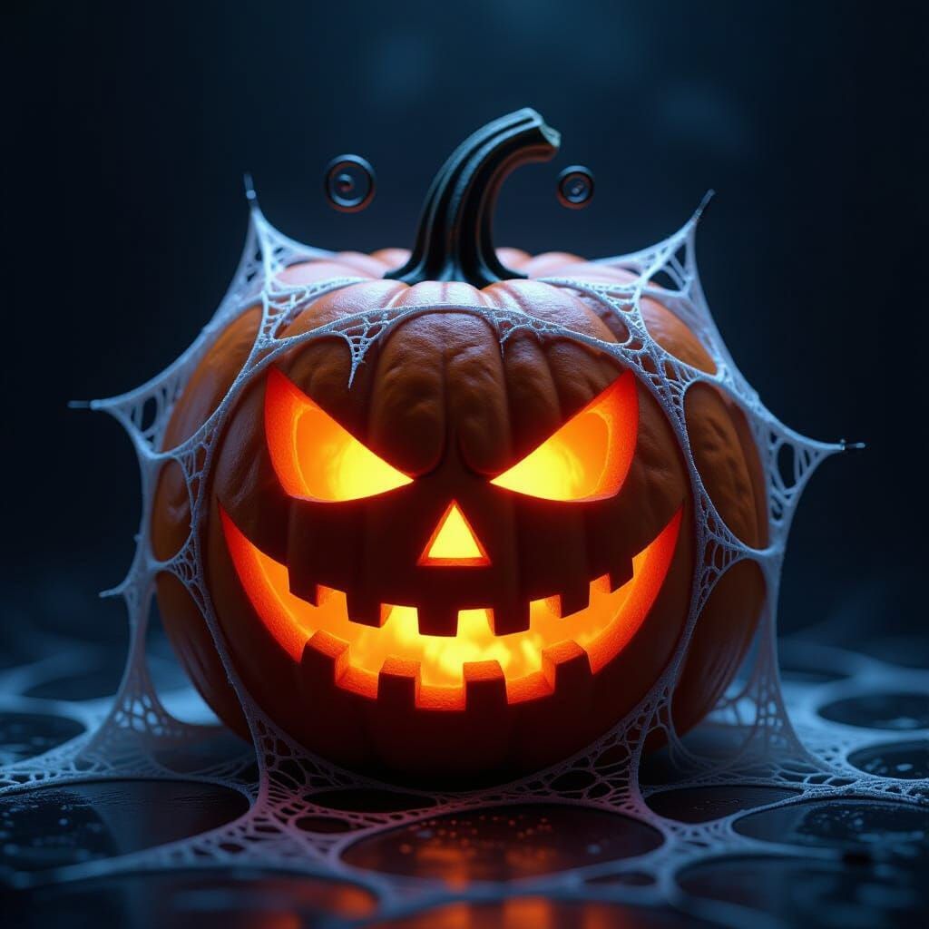 Eerie Spiderweb Pumpkin with Menacing Grin