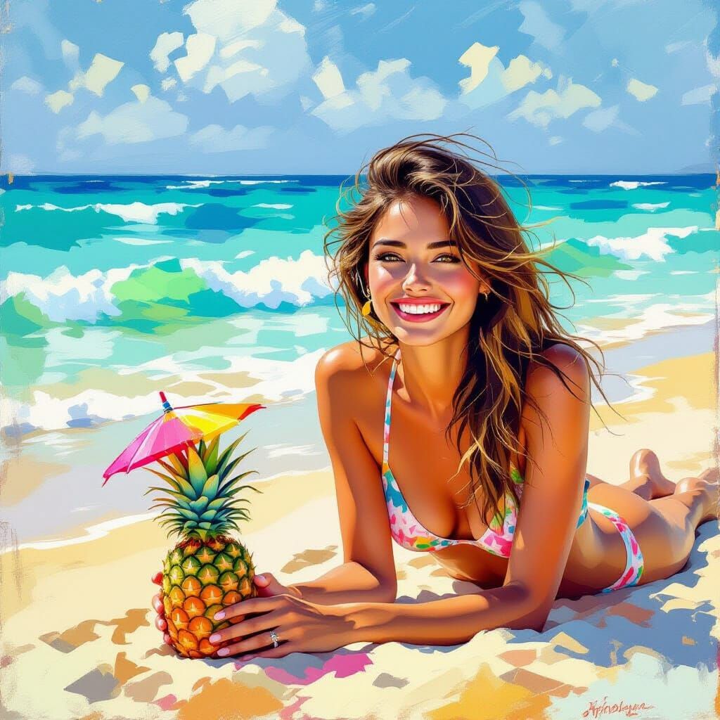 Tropical Beach Scene: Joyful Face, Crashing Waves, Oil Paint...