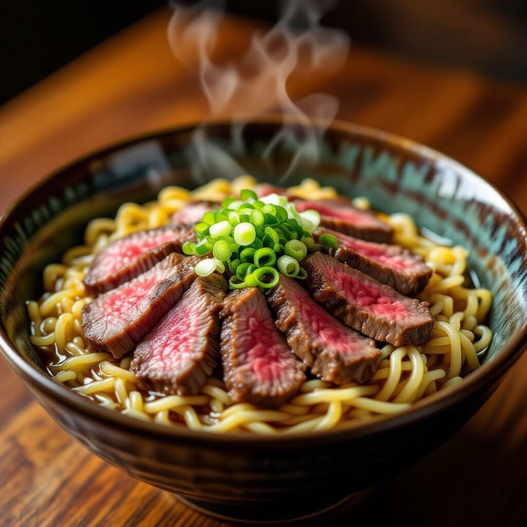 Steaming Ramen with Steak and Green Onions