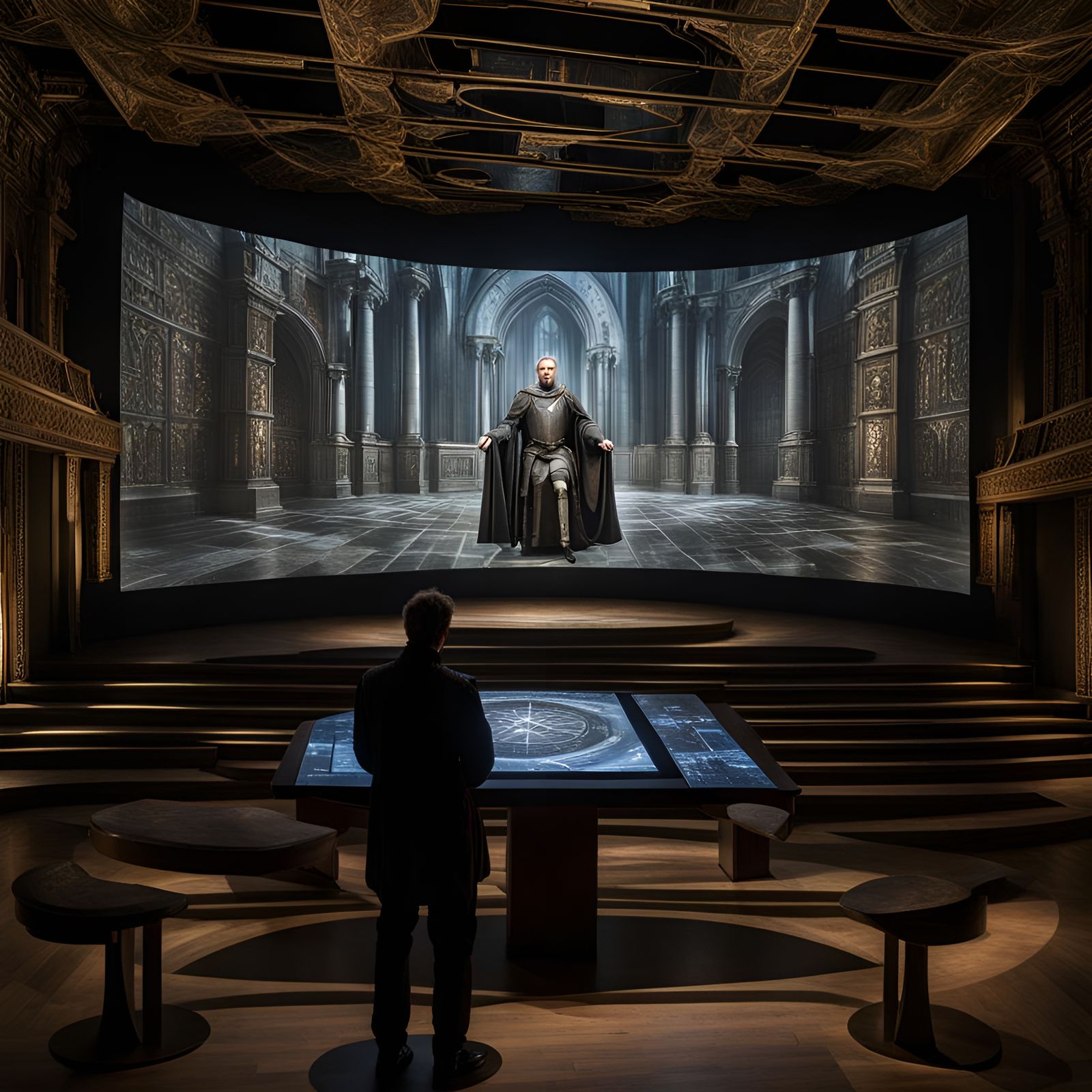 Hologram of King Arthur in front of a Sci-Fi Round Table (medieval sci-fi fusion)