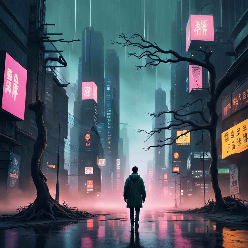 Eerie Dystopian Surrealism: Lone Figure at Dusk