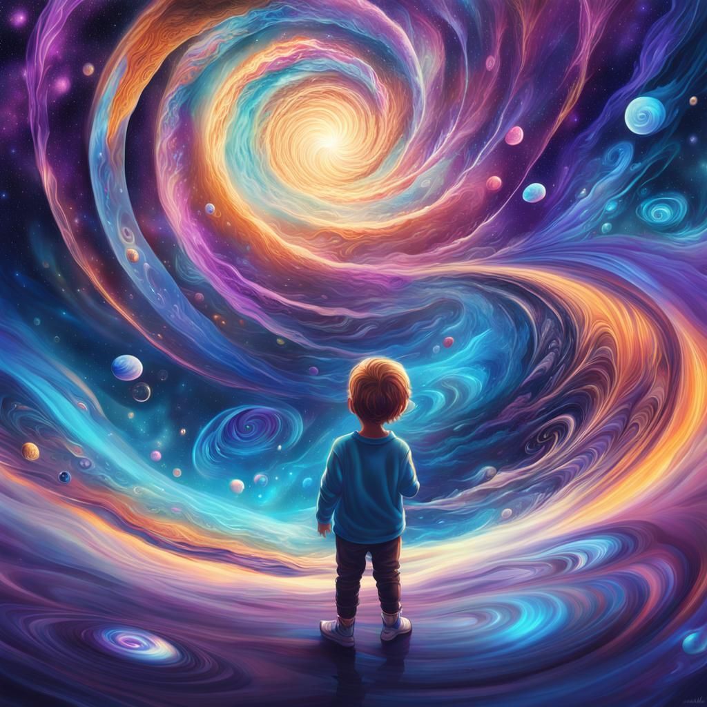 Child Falls into Cosmic Vortex: Surreal Digital Art