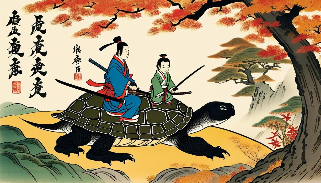 Samurai and Child Ride Turtle in Autumn Forest