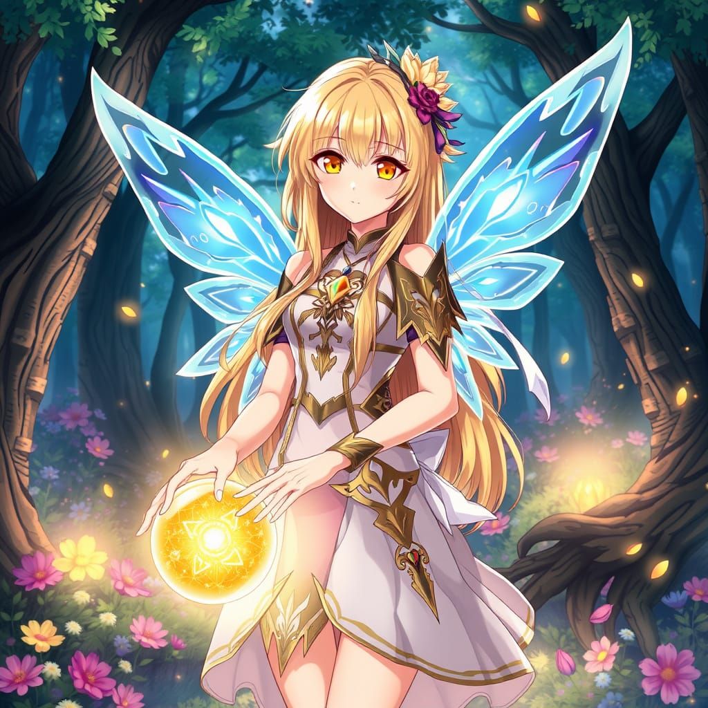 Anime Fairy in Enchanted Forest with Golden Orb