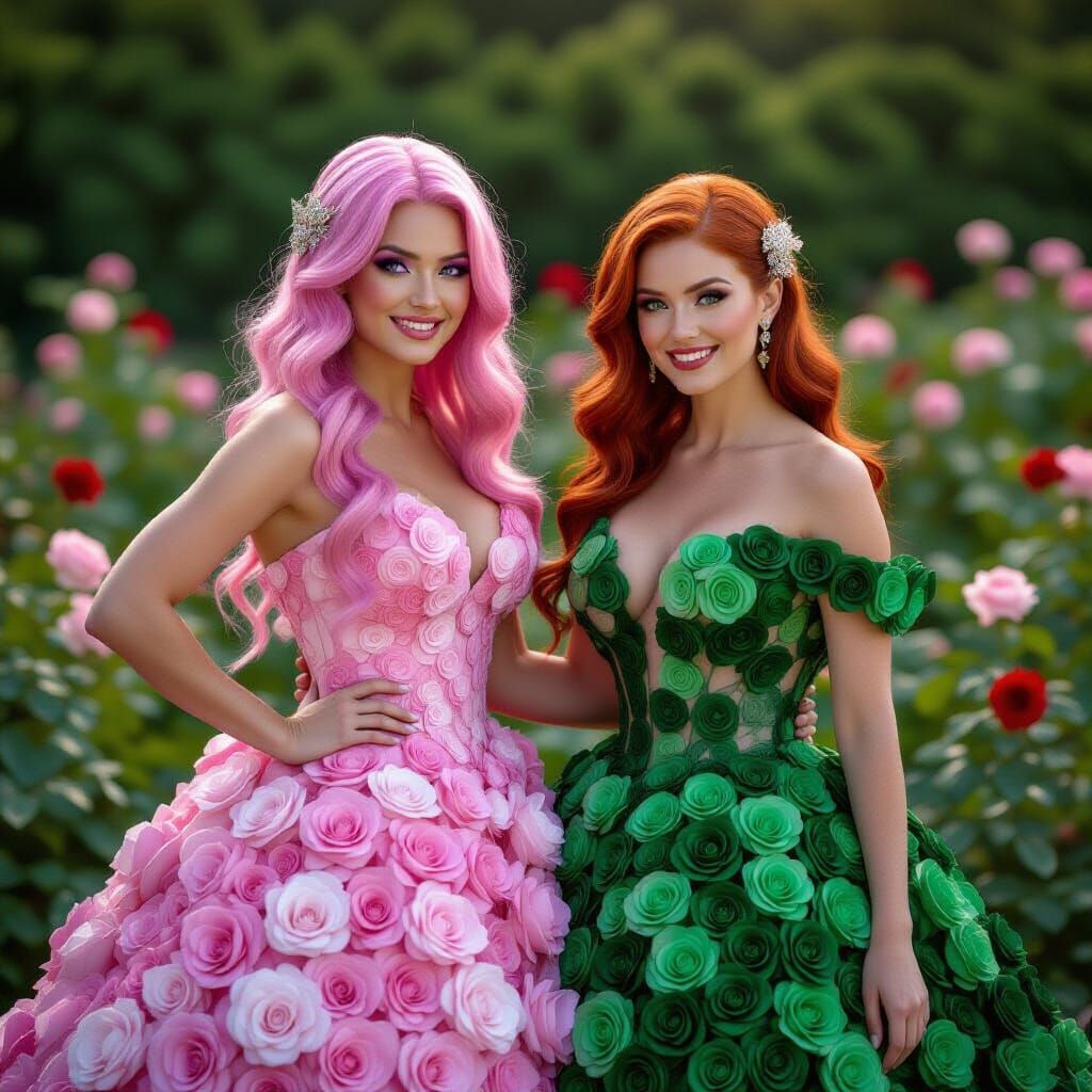 Two Women in Rose Gowns in a Garden