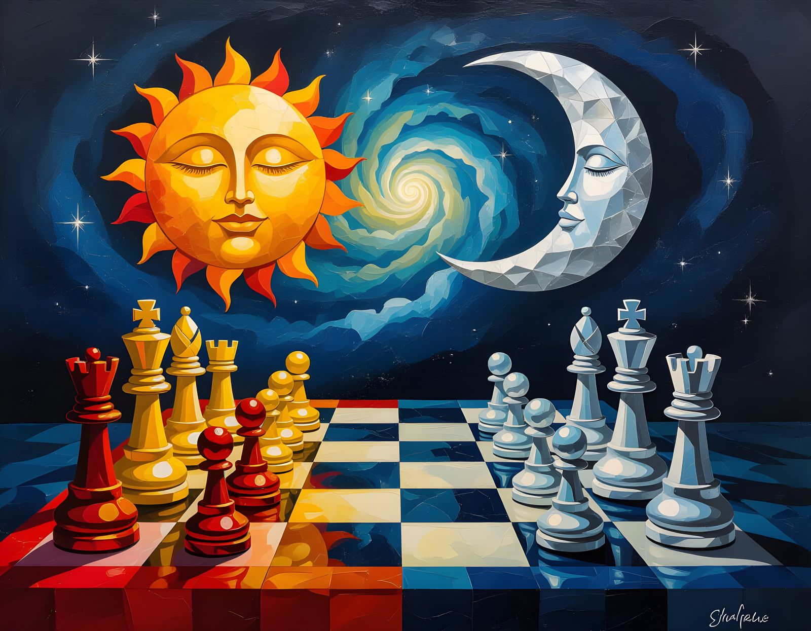 Celestial Chess Game in Encaustic Art Style