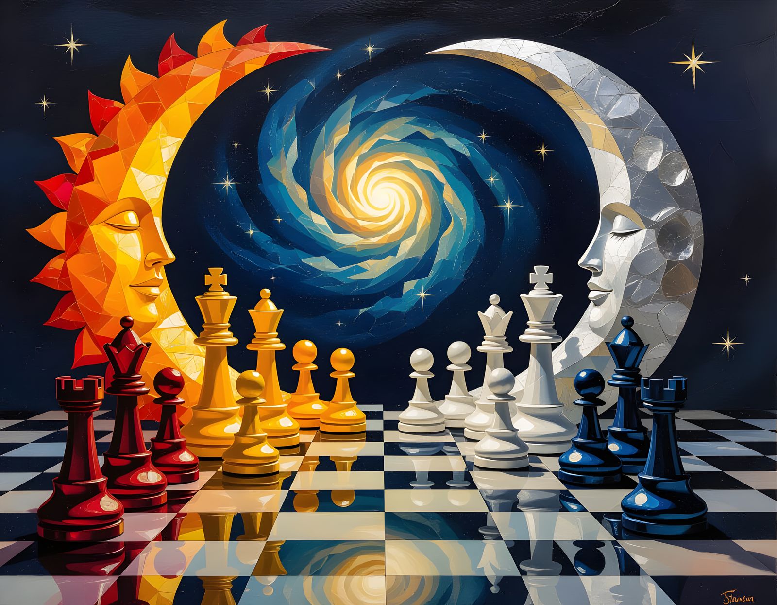 Encaustic Chess Game Between Sun and Moon