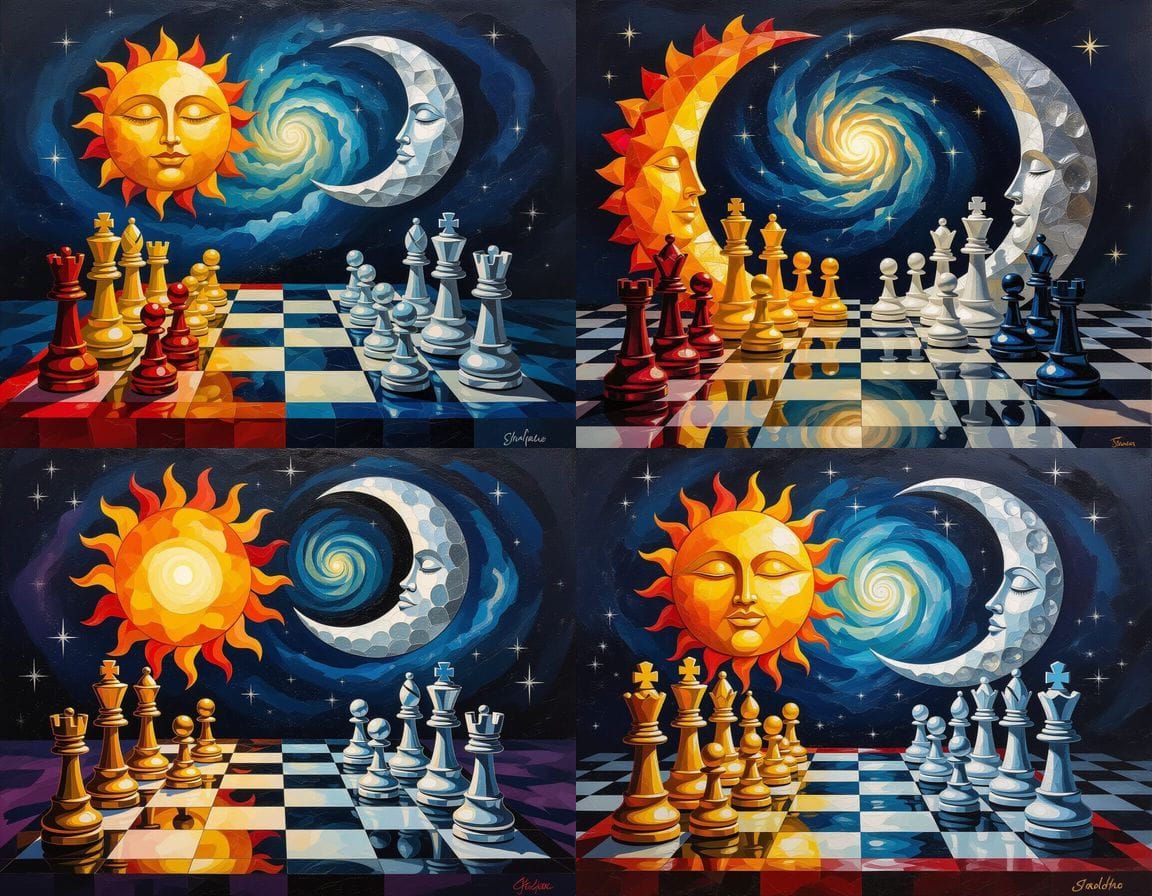 Celestial Chess Game in Encaustic Art Style