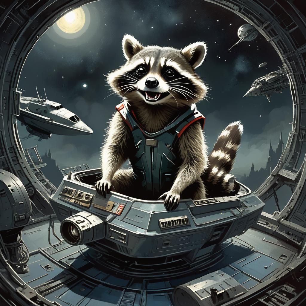 Raccoon in Spaceship, Horror Engraving Style