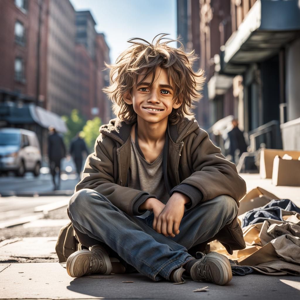 Hopeful Child on City Sidewalk