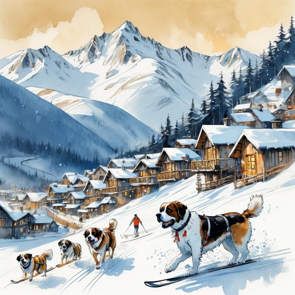 Whimsical Skiers and St. Bernard Dogs Illustration