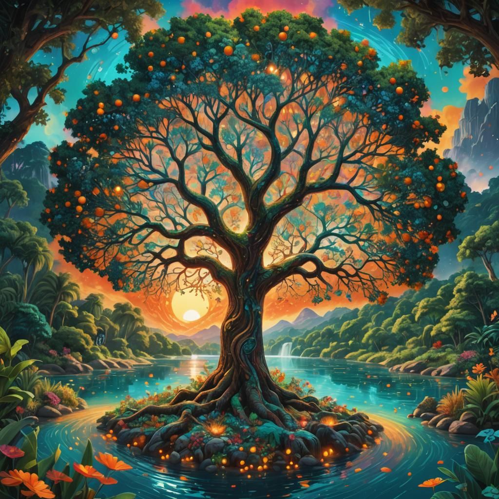 Vibrant Tree of Life in Paradise, Pointillism Splash Art