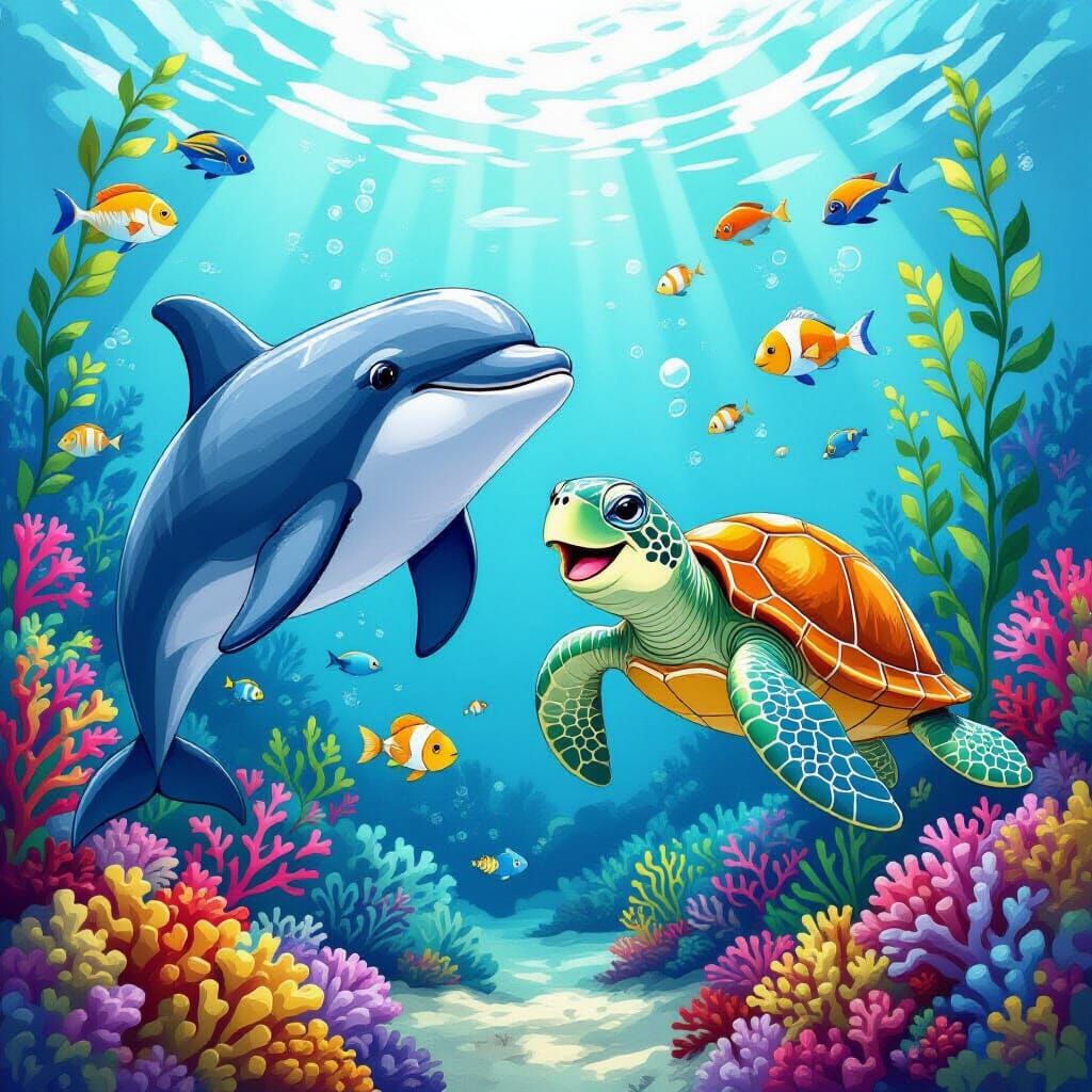 Porpoise and Turtle Friends in Colorful Pencil Sketch