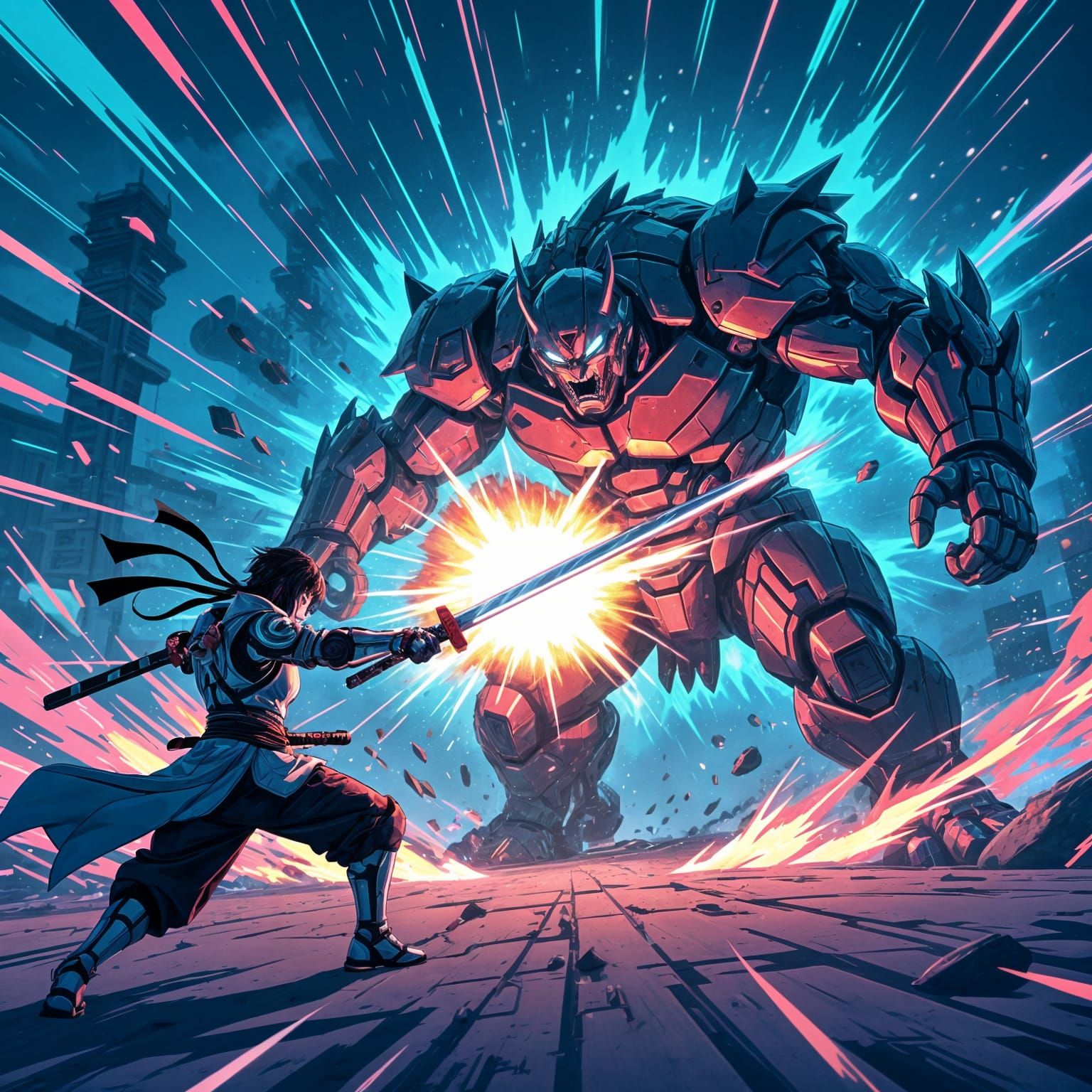 Anime Ninja Fights Energy Golem in Neon Battle