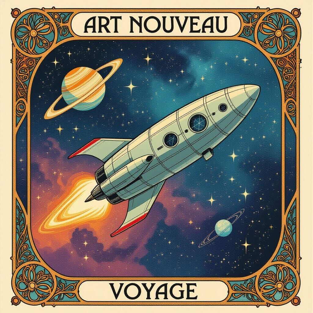 Art Nouveau Spaceship Navigating Cosmic Nebula
