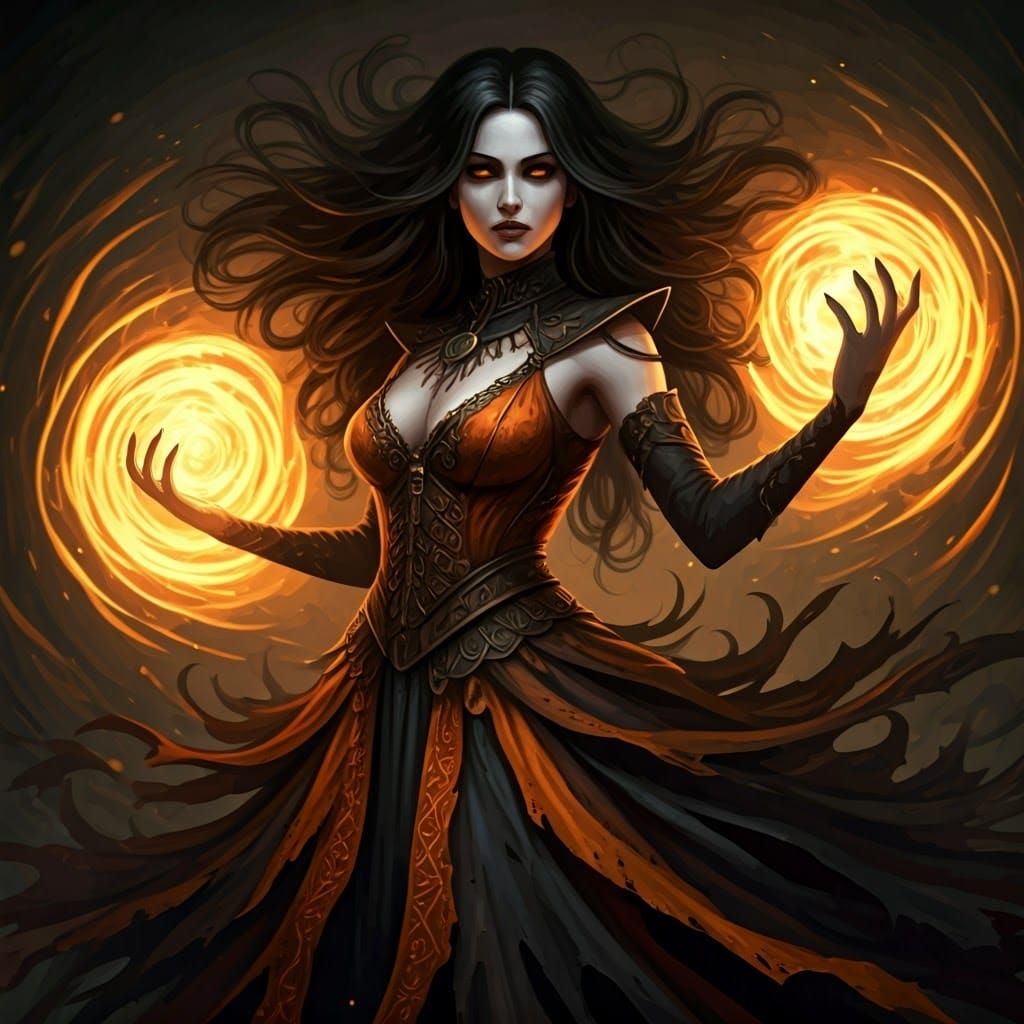 Gothic Witch Conjuring Magic Orbs in Digital Art