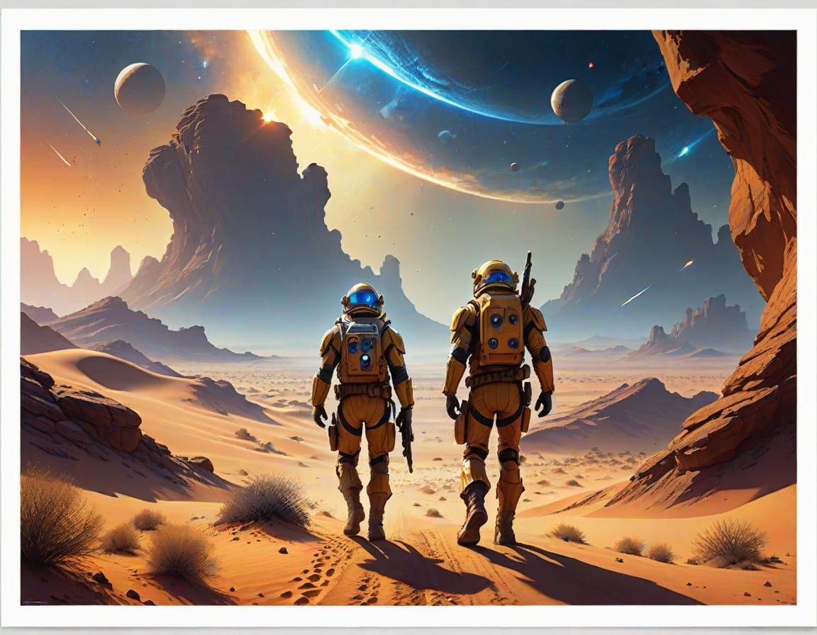 Man Walking Between Desert Dunes in Vibrant Watercolor Style