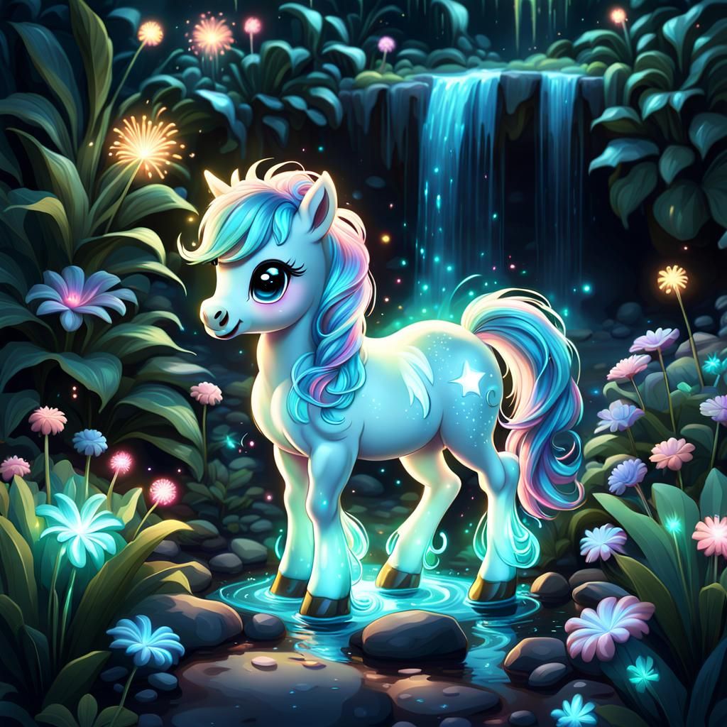 Bioluminescent Chibi Pony with Waterfall in Candy Art Style