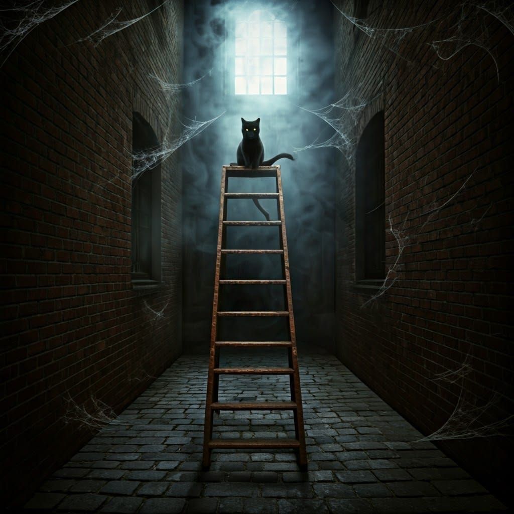 Ominous Black Cat on Ladder in Dim Alleyway