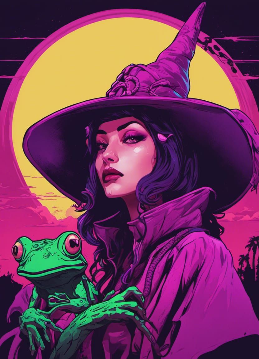 Neonpunk Witch and Mutant Frog in Cyberpunk Style