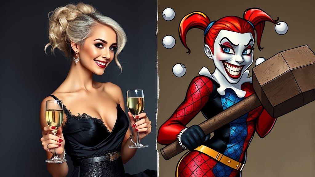 Elegant Woman Transforms to Harley Quinn in Comic Art