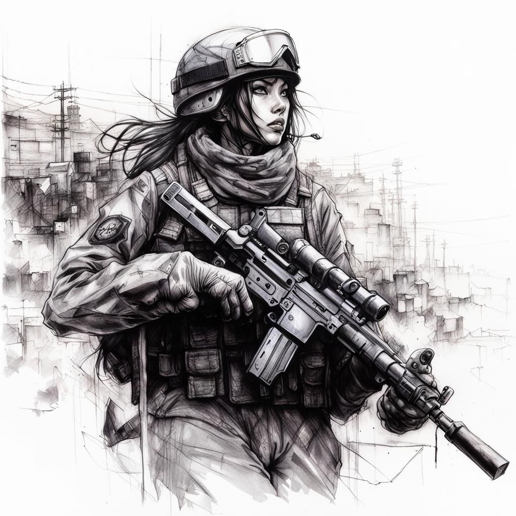 Female Soldier as Detailed Pencil Sketch