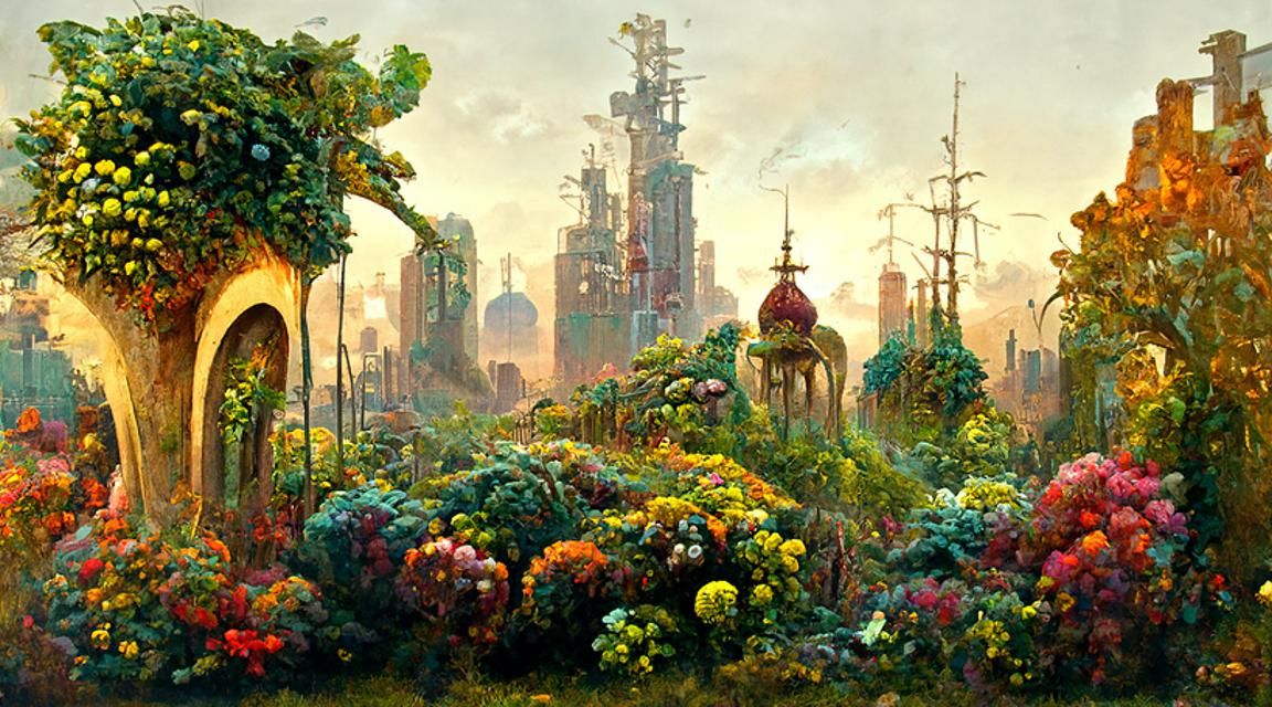 Cityscape Overgrown with Plants: Digital Hyperrealism