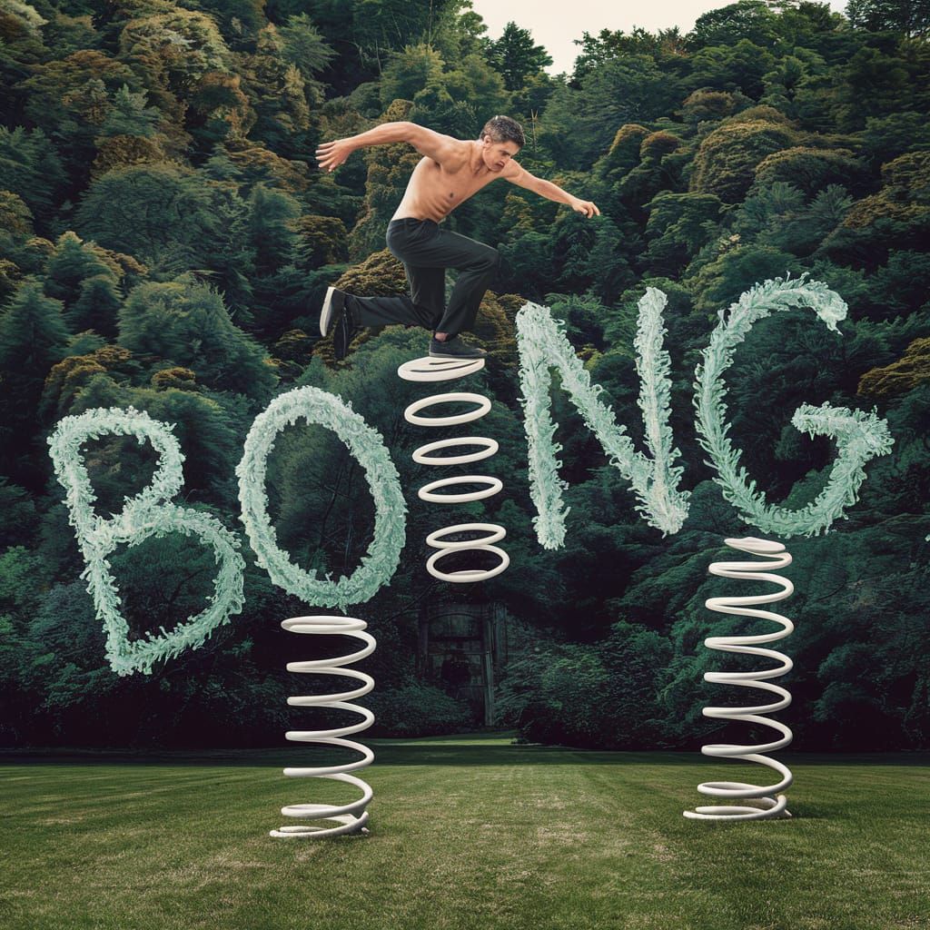 Man Hopping on Boing Springs in Hyperrealistic Photo