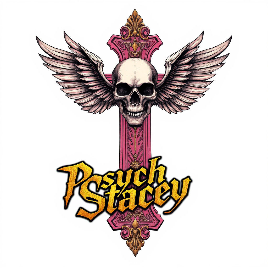 Ornate Pink and Gold Cross with Skull Illustration