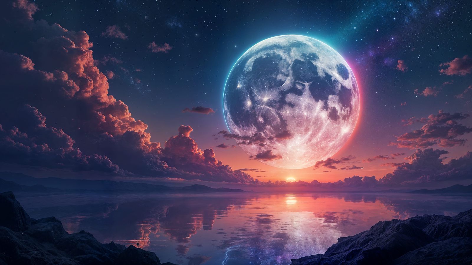 Surreal Cosmic Rainbow Moon Illuminates Dark Night Sky